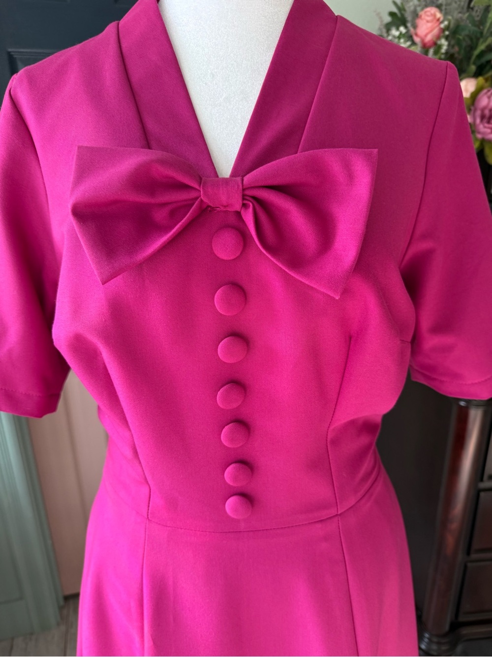 NWOT Fuchsia Midi Dress with Bow Neckline - Picture 4 of 6
